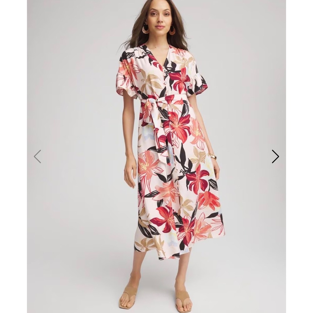 Chicos Midi Dress Tonal Floral Ruffle-Sleeved 0.5 S Button Front Tropical Resort